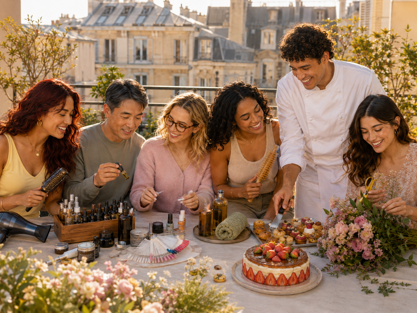 Des talents Youdy réunis autour d'une table sur une terrasse parisienne
