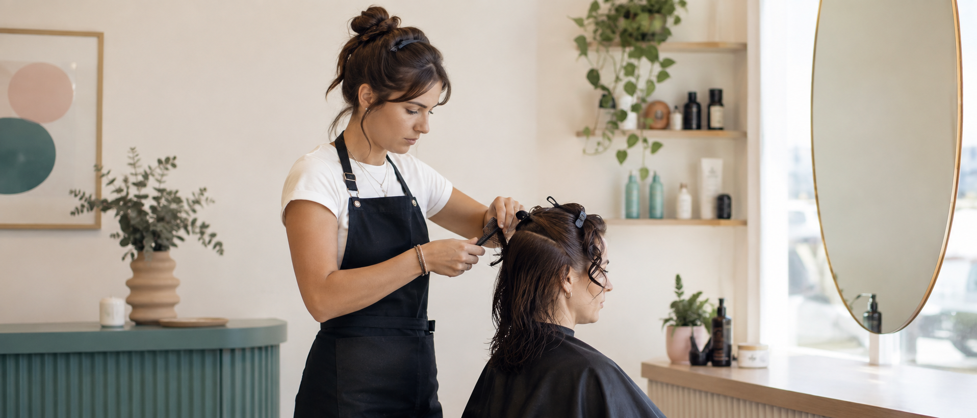 Coiffeuse en formation réalisant une prestation dans un salon lumineux