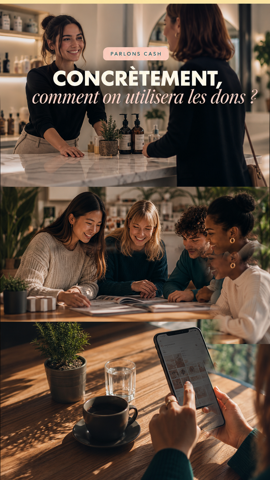 Parlons cash — Concrètement, comment on utilisera les dons ? Une professionnelle et sa cliente, une équipe de talents et une application de réservation.